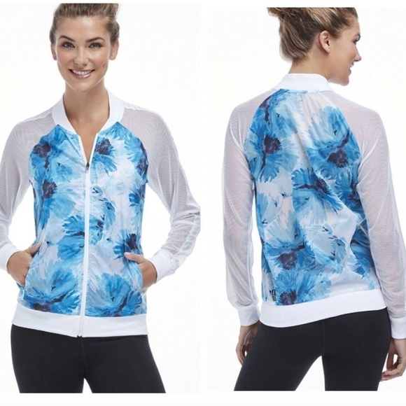 Fabletics Jackets & Blazers - FABLETICS Women Blue Floral Mesh Long Sleeve Lightweight Zip Jacket XS retro y2k